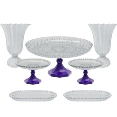 Imagem de Kit Cristal boleira lapidada 24x11+2 vasos popi+2 mini boleiras perola+ 2 bandejas perola 20x13 cm(RX - ROXO)