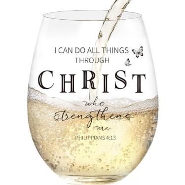 Imagem de Presentes cristãos para mulheres – Taça de vinho de 425 g com "I CAN DO ALL THINGS THROUGH CHRIST ···" – Presentes de aniversário perfeitos para mulheres, lembrança baseada na fé, presente de