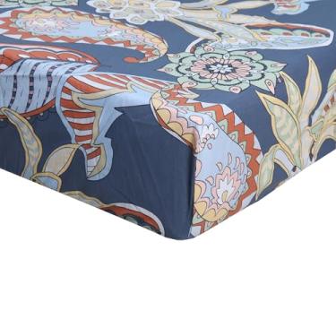 Imagem de Lençol de baixo azul casal ultramacio estampado Paisley algodão puro bolso profundo fácil de cuidar lençol com elástico