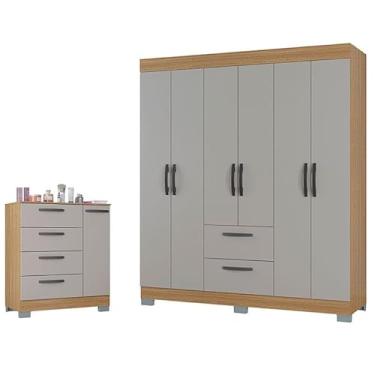 Imagem de Cômoda 868 4 Gavetas e 1 Porta com Guarda Roupa Casal Tóquio 6 Portas Damasco Off White - Poquema