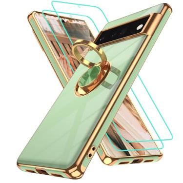Imagem de Gritup Capa para Google Pixel 6 Pro com 2 protetores de tela | Suporte magnético de rotação de 360° | Revestimento dourado macio TPU protetor básico para Pixel 6 Pro Pea Green