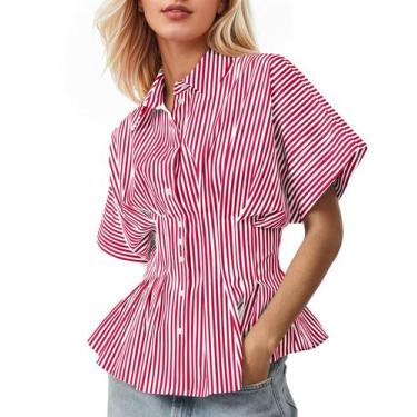 Imagem de Blusa feminina Soamat listrada com botões, manga curta, vermelha, bran