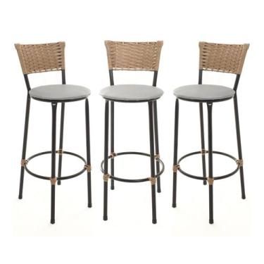 Imagem de KIT 3 Banquetas Tricô Náutico DOURADO Alta Bancada Balcão Cozinha Area