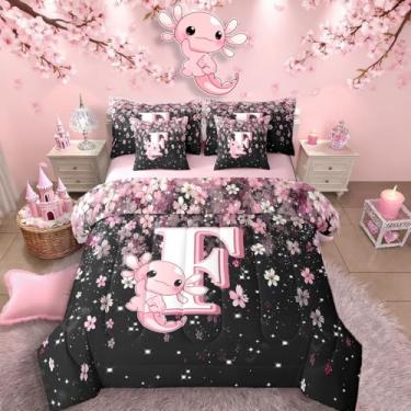 Imagem de Erosebridal Conjunto de cama axolotl rosa para meninas adolescentes (rosa e preto, 7 peças, tamanho Queen) – Lindo conjunto de edredom com letra F com letra F e flor de cerejeira com design inicial
