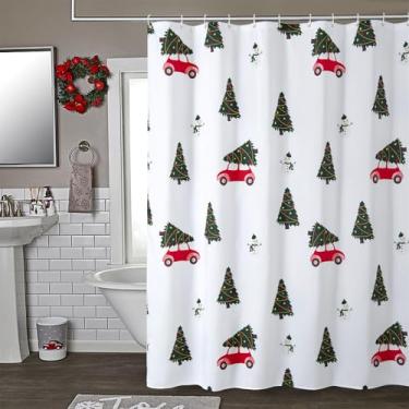 Imagem de Aldopein Lindo conjunto de cortina de chuveiro de árvore de Natal com ganchos, decorações estéticas de banheiro, 183 x 182 cm, resistente, vintage, fazenda, vermelho, Natal, caminhão, boneco de neve