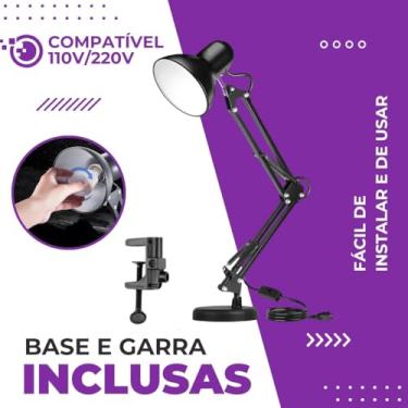Imagem de Genérico Luminária de Mesa Articulável Abajur com Garra e Base Leitura Estudo Quarto Articulada Preta Bivolt 110V 220V com Interruptor