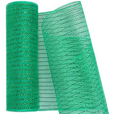 Imagem de MIKIMIQI Deco Mesh Fita de malha decorativa de 25,4 cm x 7,6 m com fita decorativa de folha metálica para grinaldas de primavera, grinaldas, artesanato, decoração de festa (verde esmeralda)