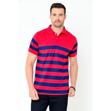 Imagem de Camisa Polo John Masculina Listrada Slim Camisaria Colombo, Vermelho, 