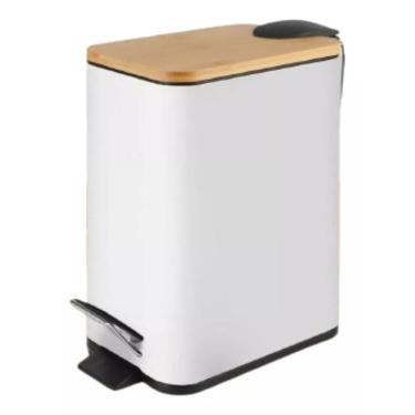 Imagem de Lixeira Retangular Pedal 5L Branca Metal E Bambu Banheiro