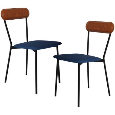 Imagem de Kit 02 Cadeiras Estofada Para Sala de Jantar Liora Preto C01 Linho Azul Courino Caramelo  - Lyam Decor