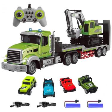 Imagem de Conjunto de Brinquedos Caminhão Reboque e Escavadeira RC da Fistone, Escala 1:12 com Som e Luzes, Controle Remoto 2.4Ghz,