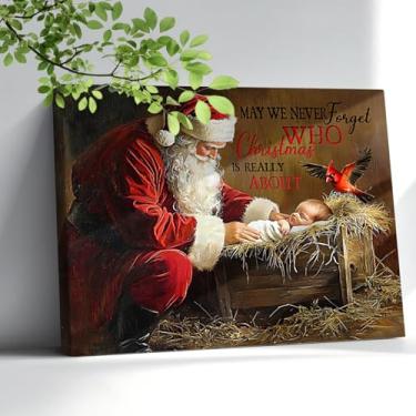Imagem de Arte de parede em tela de Natal, imagens de Natal, decoração de parede, Papai Noel e bebê Jesus, pássaro vermelho, bíblia, impressões religiosas, tela grande para decorações de Natal, presentes de