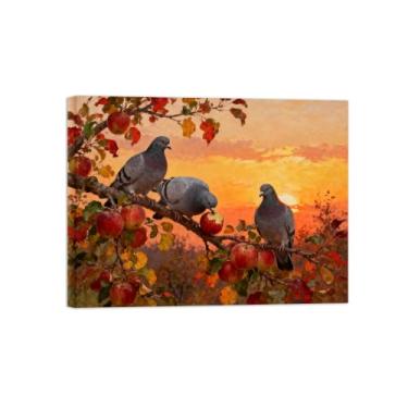 Imagem de Quadro arte parede outono-Pássaros macieira Impressões em tela paisagens-Pintura animais para decoração sala estar 60x80cm Tela Embrulhada