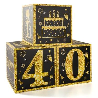 Imagem de 3 caixas de decoração de festa de 40 anos para homens ou meninos - caixas de balões de feliz aniversário de 40 anos de ouro preto, suprimentos de festa de 16 anos para homens e meninos
