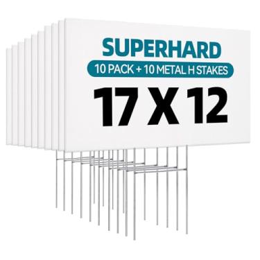 Imagem de Pacote com 10 placas de gramado de plástico ondulado 43 x 30 cm placas de quintal em branco com estacas para venda de quintal placa ao ar livre, venda de garagem, casa aberta, venda de propriedade