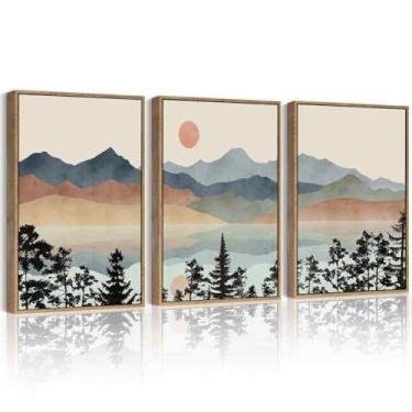 Imagem de Drsoum Arte de parede de paisagem de montanha com tinta emoldurada aquarela natureza decoração de parede Laker Sun Rises impressões quarto sala de estar pronto para pendurar moldura natural 30 x 40 cm