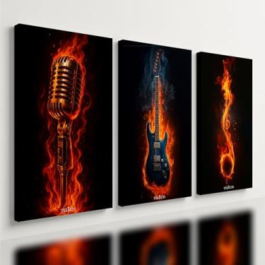 Imagem de Kit 3 Quadro Decorativo Música Rock Guitarra Fogo Instrumento Qualidade Premium (40x28cm)