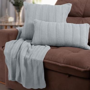 Imagem de Kit Manta para Sofá 3 Peças Tricot Luxo 100% Algodão + Capas de Almofada Decorativas (1 Peseira + 1 Almofada Quadrada + 1 Almofada Retangular, Ondas Cinza)