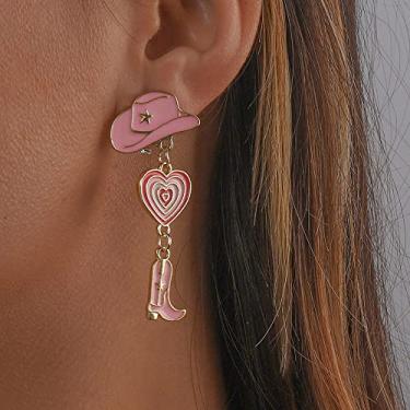 Imagem de Brincos pendentes de vaqueira ocidental vintage chapéu de bota rosa design de coração joias de cowboy para mulheres, roupas casuais, festas, eventos de rodeio, Medium, Latão, Sem pedra preciosa
