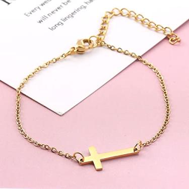 Imagem de Pulseira de cruz feminina de aço inoxidável, ouro, prata, ajustável, joia cristã, minimalista, corrente de berloque, acessório de moda religiosa, presente para mulheres, Chain length: 17 cm / 6.7