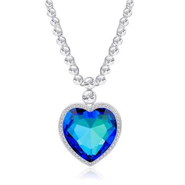 Imagem de Pinannie Colar feminino coração do oceano, pingente de cristal azul inspirado no Titanic, banhado a ouro 18 K e ródio presente de dia dos namorados de luxo para ela, Medium, Latão, Cristal