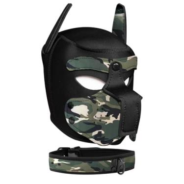 Imagem de ZZRBVFH Capuz para filhotes, máscara de neoprene com focinheira e coleira removíveis, rosto de cachorro completo (9 cores) (camuflagem)