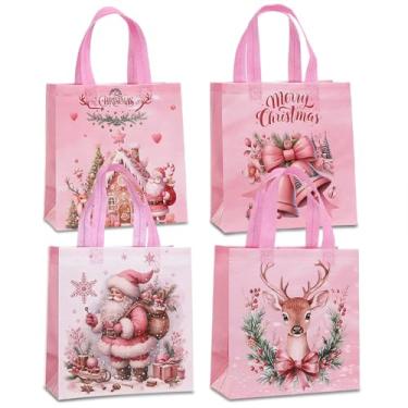 Imagem de piqiya 12 sacos de presente de Natal, reutilizáveis, não tecidos, rosa, sacolas de Natal com alças para embrulho de presente, troca de escritório, lembrancinhas de festa de Natal