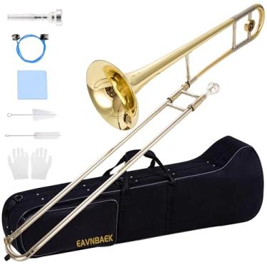 Imagem de Eavnbaek Trombone deslizante tenor Bb, instrumento de trombone plano banhado a latão para estudantes iniciantes com estojo rígido luvas brancas e bocal (ouro)