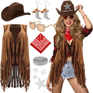 Imagem de Tiamon Acessórios de fantasia de faroeste para mulheres, cowgirl, franja, colete de caubói, strass, brincos, óculos, paisley, Marrom, One Size
