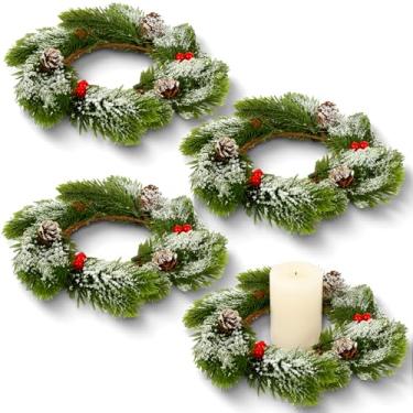 Imagem de Jansun 4 peças de anéis de vela de Natal, bagas vermelhas, agulhas de pinheiro, mini grinaldas, pequenos anéis de vela para centros de mesa de casamento de Natal