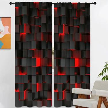 Imagem de Kikiry Cortina preta e vermelha 132 cm L x 213 cm C Longa Gótica Gótica Xadrez Anime Borgonha Escuro Xadrez Abstrato Moderno Cool Rod Pocket Sala de Estar Quarto Cortinas de Janela Tecido de