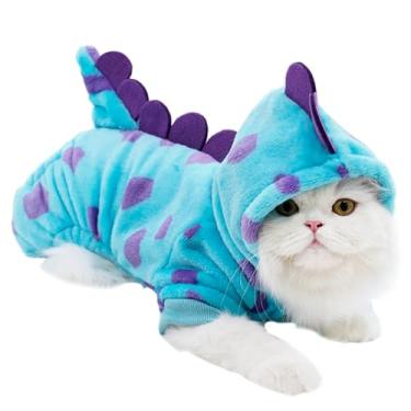 Imagem de Anelekor Fantasia de dinossauro para cães, pijamas de inverno para cães pequenos, moletons quentes para filhotes, casaco azul para clima frio para gato, roupas quentes para animais de estimação para o