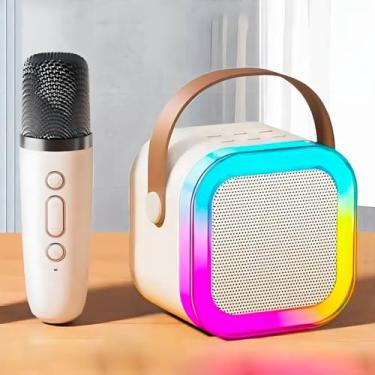 Imagem de Mini Caixa de Som Portátil com Microfone Bluetooth, RGB LED, 5W, Bateria 1200mAh, Dimensões 9x9x7cm, Conexão Bluetooth 5.0, Karaokê, com Controle de Volume e Efeitos de Voz (Branco)