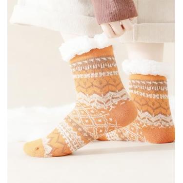 Imagem de Meias femininas aconchegantes felpudas com garras antiderrapantes e forradas de lã de ovelha fofa, tamanho único (36-44), Laranja, 6-10
