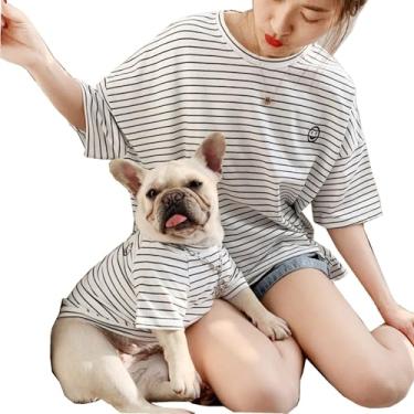 Imagem de Roupas combinando para cães e donos, camisetas listradas para cães pequenos, médios, grandes, gatos, mamães e animais de estimação são vendidas separadamente (branco-animal, GG - peito 50 cm)