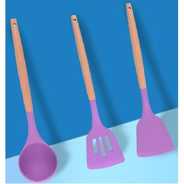 Imagem de Colher de concha de silicone com cabo de madeira, utensílios de cozinha antiaderentes grandes resistentes ao calor para cozinhar, mexer, servir sopas