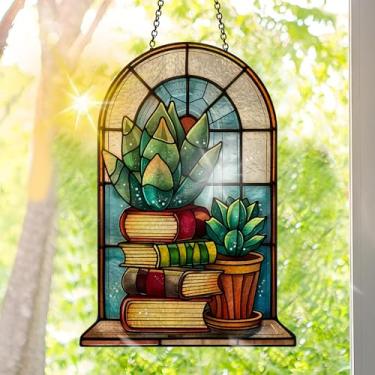 Imagem de Protetor solar de acrílico colorido, decoração de janela suspensa de plantas com design de vitral impresso, apanhador de sol, arte de parede de arco-íris, ornamentos de Natal para uso interno e