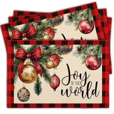 Imagem de Conjunto de 4 jogos americanos de Natal, tapetes de mesa de inverno de 30 x 45 cm, design de globo de neve Joy to The World com xadrez, decoração de festa de cozinha e jantar, reunião de férias (ideia