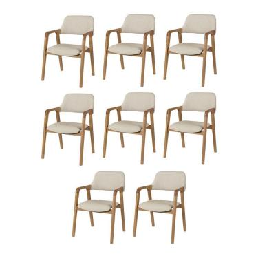 Imagem de Kit 8 Cadeiras De Jantar Ruth Estrutura Em Madeira Maciça Estilo Retrô Linho Bege Claro
