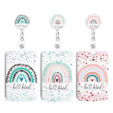 Imagem de Conjunto de 3 porta-crachás de identificação Rainbow Be Kind com molinetes retráteis resistentes, chaveiro, porta-identidade para escola, enfermeira, escritório