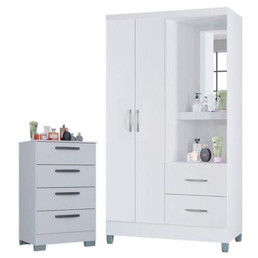 Imagem de Cômoda 867 4 Gavetas Com Guarda Roupa Solteiro Córdoba 2 Portas Branco Brilho - Poquema