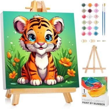 Imagem de Arttoplus Kit de pintura de tigre por números para crianças com moldura, pintura infantil fofa por números de 8 a 12 anos com cavalete de madeira, pintura a óleo de animais DIY fácil por número para