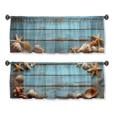 Imagem de AWJJPO Cortina de madeira azul para janelas, pacote com 2, concha, estrela-do-mar, oceano, varão com bolso impresso, sanefas, cortinas de camada curta para cozinha, sala de estar, banheiro, quarto