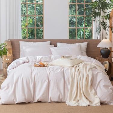 Imagem de MooMee Conjunto de capa de edredom listrado 100% algodão lavado como linho texturizado respirável durável macio confortável (riscas rosa cinza mesclado, Cal King 264 x 248 cm)