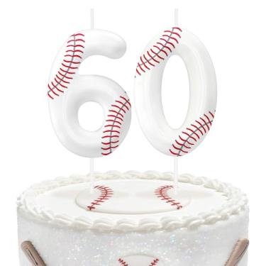 Imagem de Velas de aniversário número 60 de beisebol, topo de bolo com tema de beisebol para meninos e meninas, decorações de bolo para aniversários, suprimentos de festa com tema esportivo, velas para