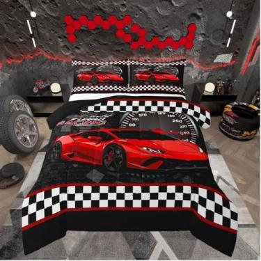 Imagem de Feelyou Jogo de cama casal de carro esportivo vermelho para crianças, meninos, meninas, adolescentes, edredom para automóvel, respirável, macio, leve, microfibra, esportes radicais, decoração de