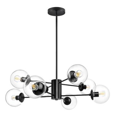 Imagem de Bagood Lustre Sputnik De 8 Lâmpadas, Lustre Sputnik De Meados Do Século, Lustre Preto Moderno Com Luminária Pendente De Globo Branco, Vidro Transparente, Luminária De Teto Ajustável Para Sala De Es