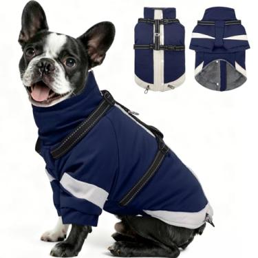 Imagem de MIGOHI Casaco para cães com arnês embutido, jaqueta de inverno 2 em 1 à prova de vento, roupa de neve refletiva térmica com gola rolê, casaco de lã com zíper nas costas para cães pequenos, Yorkshire