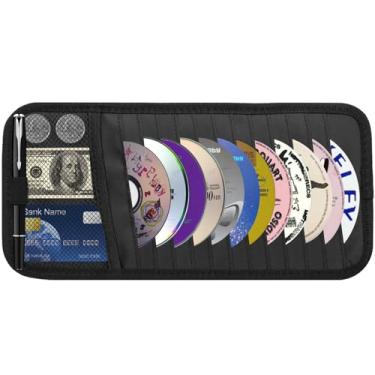Imagem de Suporte de CD e DVD para carro – estojo de viseira de CD de grande capacidade, organizador de armazenamento de viseira de veículo com 12 capas de disco, 1 bolso de malha, 1 suporte de caneta e faixa