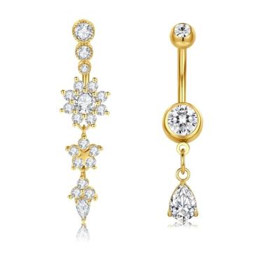 Imagem de MODRSA Anel de umbigo com pingente de ouro para mulheres joias de piercing de umbigo de aço cirúrgico hipoalergênico dourado com flores fofas e delicadas piercings de umbigo 2 peças